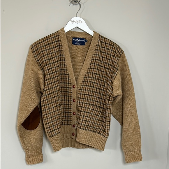 Ralph Lauren Womens Vintage Houndstooth Cardigan Wool Sweater Suede Elbow Sz M - Picture 2 of 13